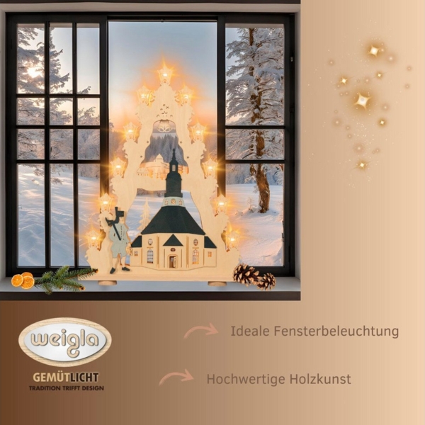 Weigla Lichterbogen Seiffener Kirche, große Lichterspitze aus Holz, Made in Germany (1-tlg), Erzgebirge garantiert, Weihnachtsdeko Innen, Weihnachtsbeleuchtung Bild 3