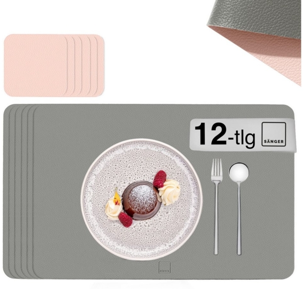 SÄNGER rechteckige Tischsets & Untersetzer aus Kunstleder 12 teilig für 6 Personen, Rosa + Grau