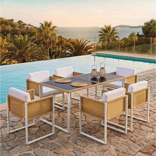 Flieks Garten-Essgruppe, Polyrattan Tisch- und Stuhlset Gartenmöbel Essgruppe Stuhl*6 & Tisch*1