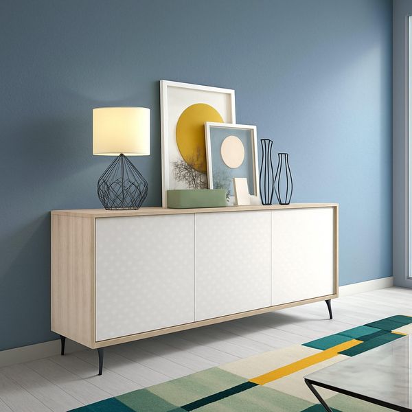 Dmora - Kommode Fresia, Buffetschrank mit 3 Türen und 1 verstellbarem Regal, elegantes Wohnzimmer-Sideboard, TV-Schrank, 100 % Made in Italy, 184 x 45 x 77 cm, Weiß und Eiche