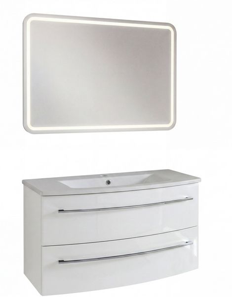 LANZET IMPULSO Waschtisch Set mit Spiegel 90 cm breit, Weiß, Waschbecken Keramik Weiß