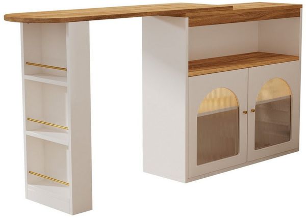 KLAM HOME Bartisch ausziehbar Stehtisch Bistrotisch drehbar Sideboard (mit LED-Lichtleisten, 360° Drehung), Esstisch mit Stauraum Anrichte 138-193X39X105CM