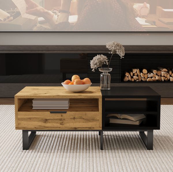 Couchtisch mit Farbblock-Design, Schubladen & Metallbeinen in Holz/Schwarz - 100x50x40 cm
