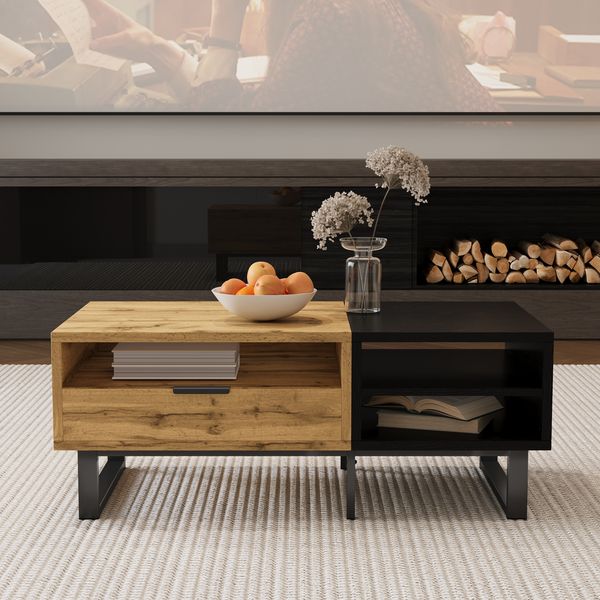 Couchtisch mit Farbblock-Design, Schubladen & Metallbeinen in Holz/Schwarz - 100x50x40 cm