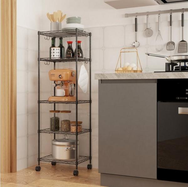 Mondeer Regal Aufbewahrungsregal, 5-Stufiges, mit 8-Haken und 4-Rädern, PP-Trennwand, bis 100 kg