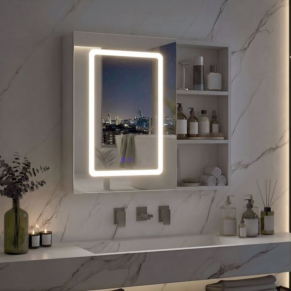 Simurq Spiegelschrank Bad mit Beleuchtung und offene Regal, Anti-Beschlag, 1 Türen (Badschrank mit Spiegel & verstellbare Ablagen) Badezimmerspiegelschrank Hängeschrank