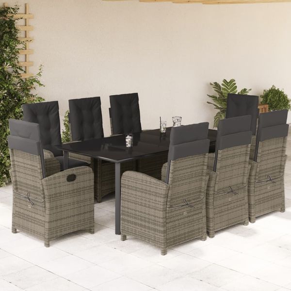 vidaXL 9-tlg. Garten-Essgruppe mit Kissen Grau Poly Rattan 3212369