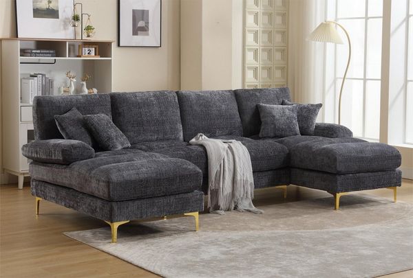 LVHOM Loungesofa mit Ottomane, 272x136x88 cm (LxBxH), frei Kombination, 4-6 Personen, (2xLiegestuhl, 1xZweisitzer-Sofa, 14 Kissen inkl. 4 Polster als Geschenk) 6-Sitzer Chenille U-Shape Sektionssofa/Modulares Sofaset/Schlafsofa/Ecksofa/Relaxliege, für ...