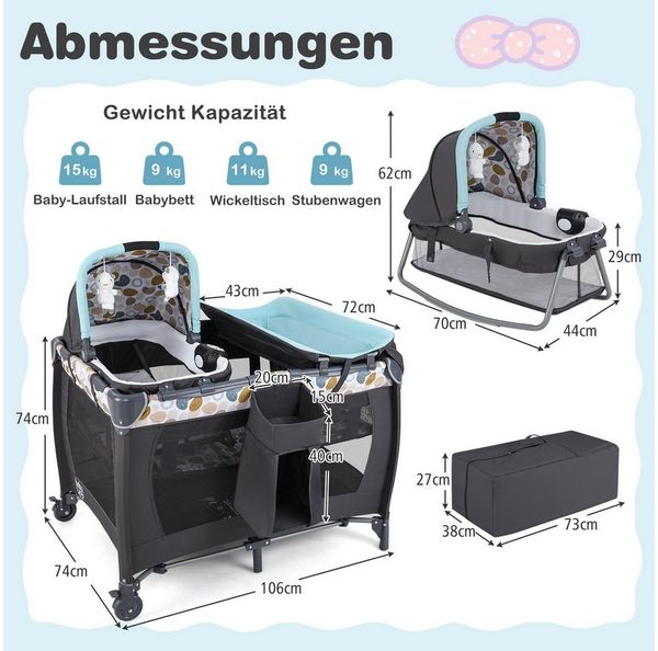 COSTWAY Baby-Reisebett, 1-tlg, Laufstall, Babybett mit Babywiege, Wickeltisch, Matratze