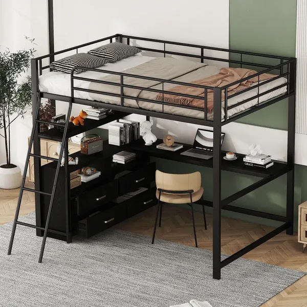Hochbett mit Regal, Schreibtisch, Schubladen, Trittleiter und Rausfallschutz, 140x200 cm, Metallbett, Jugendbett