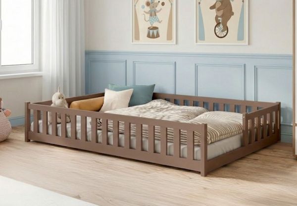 Kids Collective Kinderbett Bodenbett mit Rausfallschutz & Lattenrost Montessori Betten Kinder (Verfügbare Größen: 80x160, 80x180, 90x190, 90x200, 120x200, 140x200 cm), Jugendbett Einzelbett Kiefer Milchschokolade 120x200 cm