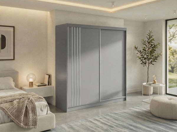 Schwebetürenschrank NAURU mit Lamellen-Optik, moderner Kleiderschrank, Breite 200 cm, inkl. Innenausstattung & Stauraum, Akustikpaneel-Design - Grau und Weiß