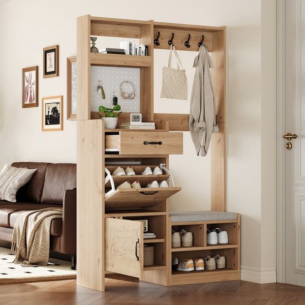 Merax Garderoben-Set in Naturholzoptik, Kompaktgarderobe mit Pegboard, (1-St, B108.5 × T35 × H180 cm), Flurgarderoben mit Schuhbank, 4 Kleiderhaken, Schublade & 2 Türen