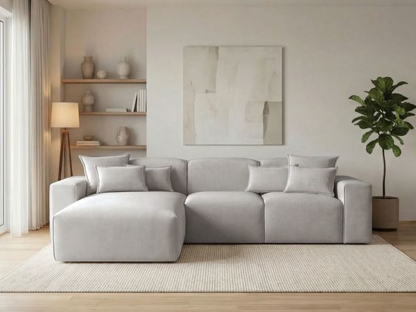 GRAINGOLD Ecksofa Leni, Ecksofa fürs Wohnzimmer, Wohnzimmer Ecksofa L-Form, Velour-Stoff, Grau, Links