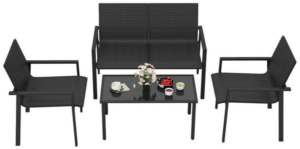 COSTWAY Gartenlounge-Set, (4-tlg), Balkonset PE Rattan, mit 2 Stühlen, Bank & Tisch
