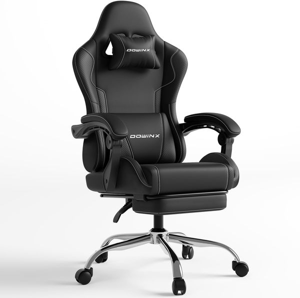 Dowinx Gaming Stuhl, Ergonomischer Gamer Stuhl für Büro und Home Office, Verstellbarer Bürostuhl mit Rückenlehne bis 150°, mit Fußstütze, Belastbar bis 180 kg, Schwarz