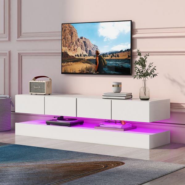 Wandmontierter TV-Schrank 130 x 33 x 15 cm – LED Lowboard aus MDF mit 4 Schubladen und App-Steuerung