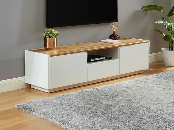 Vente-unique - TV-Möbel mit 2 Türen & 1 Schublade - MDF lackiert - Weiß & Eichefarben - AMANI