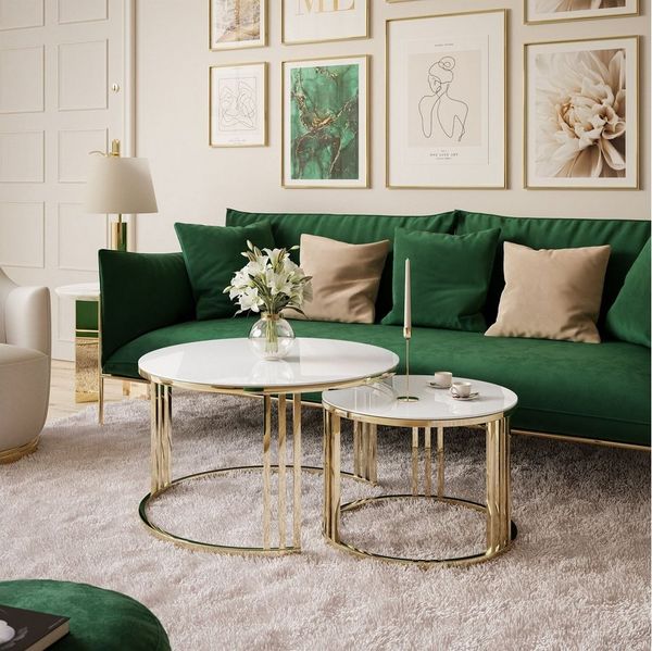ALLHOUSE24 Couchtisch PEONY 2in1 GLAS runder Couchtisch GOLD Chrom Metallgestell (2er Set), Durchmesser: ⌀70 cm und ⌀50 cm