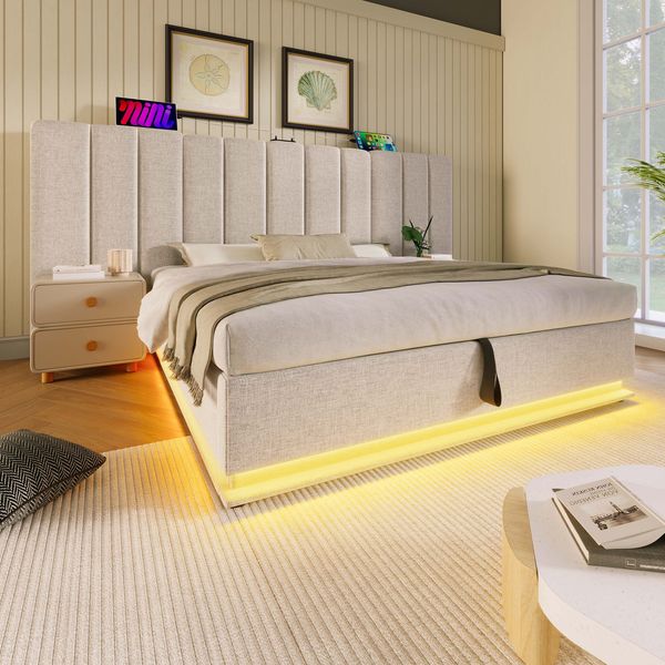 Polsterbett Leinen mit Stauraum, LED & USB-Anschluss, 180x200 cm, Beige, ohne Matratze