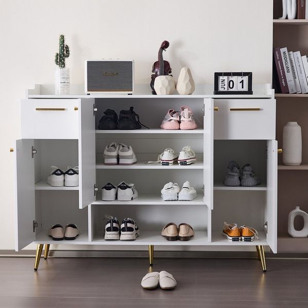 Flieks Schuhschrank Schuhkommode mit 2 Schubladen und 4 Türen (1-St, B130/W37/H100 cm) Schuhregal mit vertellbare Einlegeböden und 8 Fächern, Metallbeine