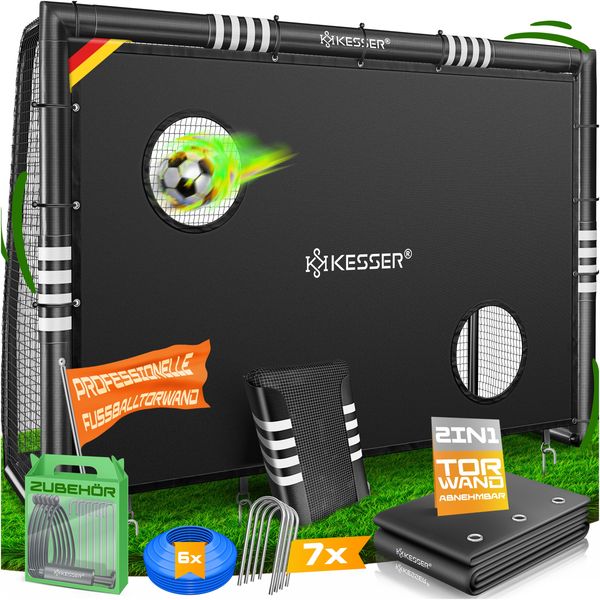 KESSER® Fußballtor, Outdoor Schusstraining, mit Torwand, UV-beständiges Netz, Stahlrahmen mit Polsterung, Erdhaken, Luftpumpe, Montagezubehör für Kinder und Erwachsene, Schwarz, 240cm