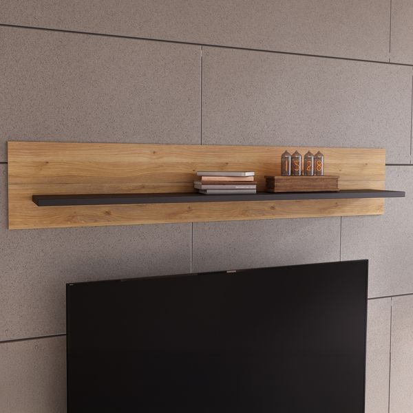 Forte JYTANA Wandregal 160, skandinavisches Wandregal mit Ablage, Holzwerkstoff, Mauvella Eiche Holzdekor / Schwarz, 160 cm breit x 29,6 cm hoch x 21,9 cm tief