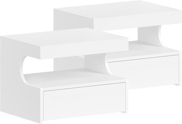 Nachttisch Hängend 2er Set, Wandschublade Wandregal, 1 Schublade mit Schienen, Schwebendes Wandregal mit Offener Raum, Modern, für Schlafzimmer, Wohnzimmer, 30 x 40 x 29.2 cm Weiß