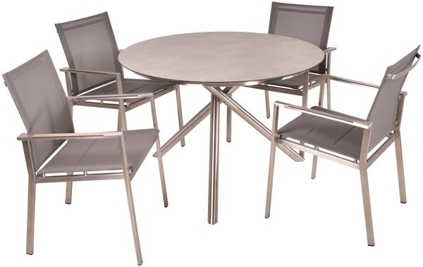 Garten-Sitzgruppe HAKON 5-tlg. Edelstahl Kunststoff Grau | Gartenmöbel-Set Gartengarnitur Garten-Essgruppe mit Stapelstühlen B und Esstisch
