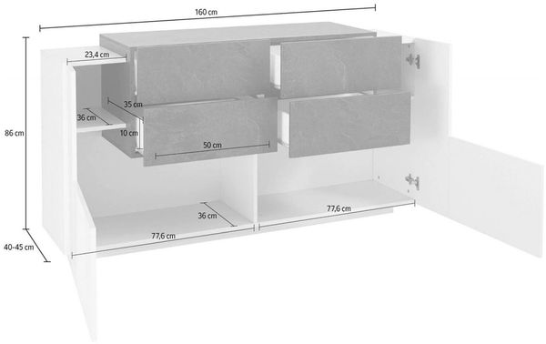 Dmora Kommode Ashi, Küchen-Sideboard mit 2 Türen und 4 Schubladen, Wohnzimmer-Buffet, Küchen-Sideboard, 100 % Made in Italy, 160 x 45 x 86 cm, glänzendes Weiß und Schiefer Bild 3