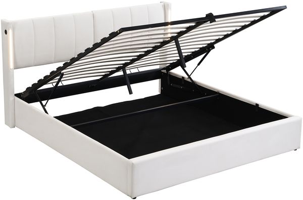 Binaurales LED-Polsterbett 180 x 200 cm, hydraulisches Bett, wiederaufladbarer USB-Anschluss im Bett, mit LED-Beleuchtung, mit Stauraum, verstellbares Kopfteil, PU-Kieselstein, weiß Bild 9