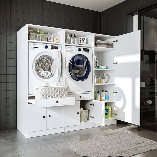 Roomart Waschmaschinenumbauschrank Schrankwand 194 cm mit Hochschrank, Waschküche & HWR, 3 Farben (Waschmaschinenschrank Trocknerschrank mit Schrankaufsätzen Waschturm) 130kg Belastbarkeit, Wandbefestigung - starke Bodenplatte