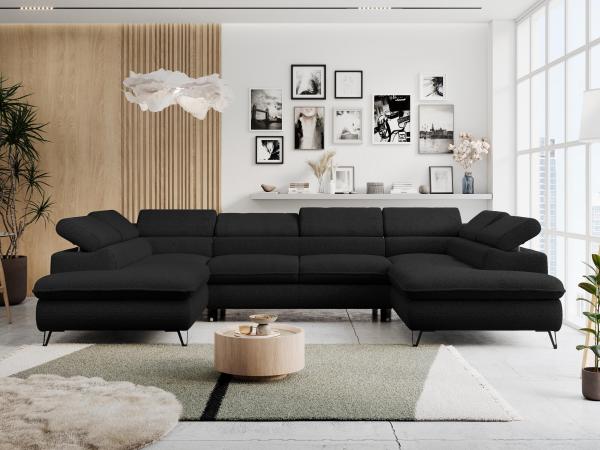 Mks Möbel 'Peter U-Form' Ecksofa mit Bettkasten, Bettfunktion & einstellbaren Kopfstützen, Schwarz, Boucle