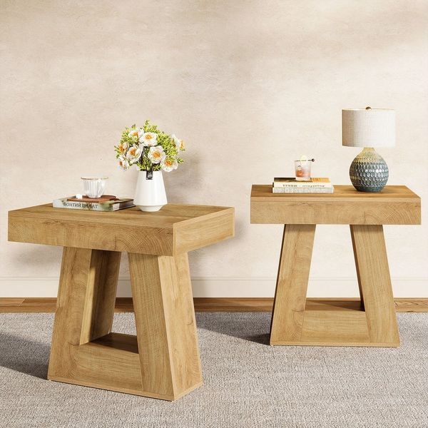 Tribesigns Nachttisch 2-stöckiger moderner Nachttisch, Nachttisch aus Holz mit Trapezbasis