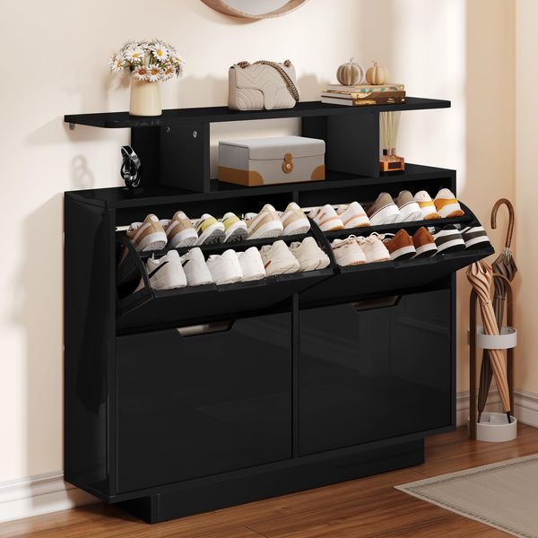 YITAHOME Schuhschrank Schmal Hochglanz mit 4 Klappen, 120 x 24 x 106 cm für 16-24 Paar, Schuhschrank Schwarz, Schuhkipper, Schuhkommode im Flur, unterschiedliche Fachhöhen (37/43 cm), Platzsparend