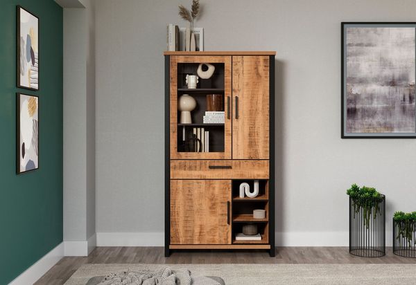 trendteam smart living - Enna - Vitrine - Mango/Schwarz - Stauraumvitrine mit 3 Türen, 1 Schublade, 3 offene Fächer und 7 Einlegeböden - (BxHxT) 106 x 195 x 45 cm - ESG-Klarglastüren