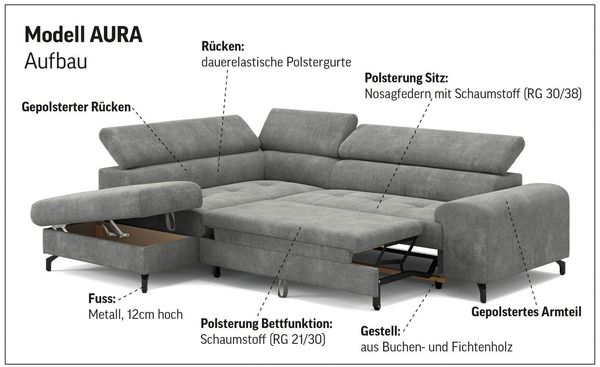 COTTA Ecksofa Aura L-Form, B: 260 cm, mit Bettfunktion, Bettkasten & Kopfteilverstellung Bild 4