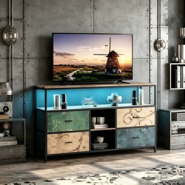 Simurq TV-Schrank Lowboard TV-Bank, mit LED und Schubladen und offenen Regalen (1er Set) mit LED und 4 Schubladen und 2 offenen Regalen, 108 x 29.8 x 76.8
