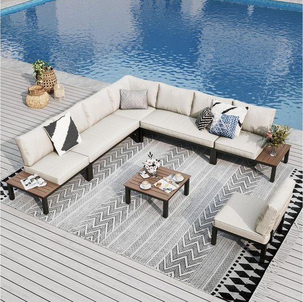 PHI VILLA Gartenlounge-Set, (Gartenmöbel Balkonmöbel mit Verstärkten Kissen und Kaffeetisch), Metall Lounge Möbel Outdoor Gartenlounge, Beige
