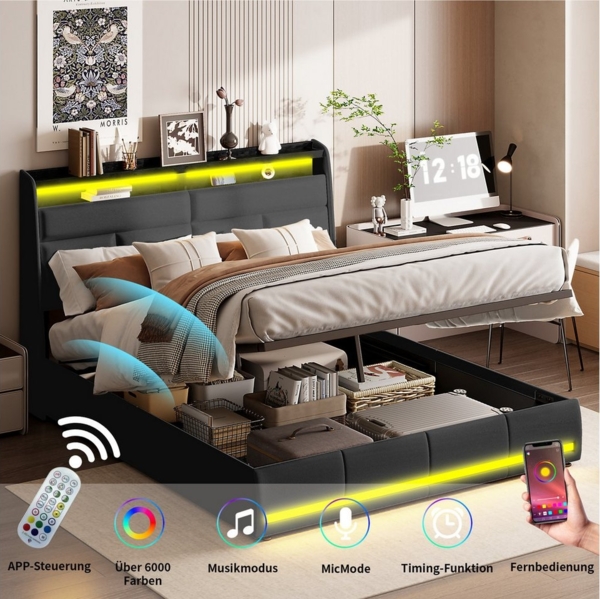 Gdood Polsterbett Stauraumbett LED Dopplebett (Stauraum unter dem Bett), Mit LED-Beleuchtung,Hydraulisch Bettkasten, Lattenrost, PU, 140x200 cm Bild 3