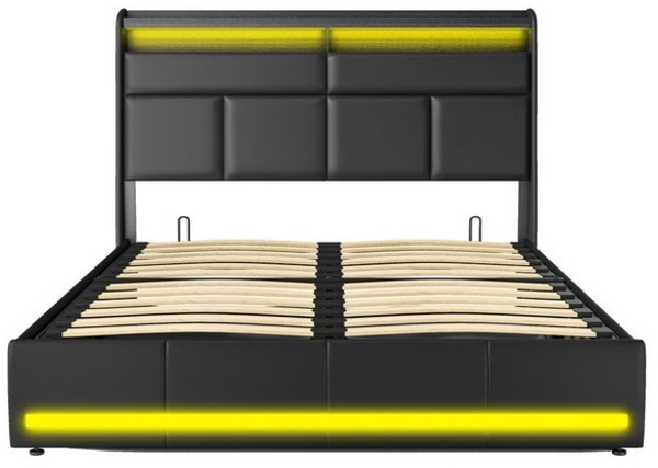 Gdood Polsterbett Stauraumbett LED Dopplebett (Stauraum unter dem Bett), Mit LED-Beleuchtung,Hydraulisch Bettkasten, Lattenrost, PU, 140x200 cm Bild 4