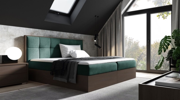 Boxspringbett Bett THANOS 180x200cm Dunkel Eiche Stoff Grün inkl. Bettkasten