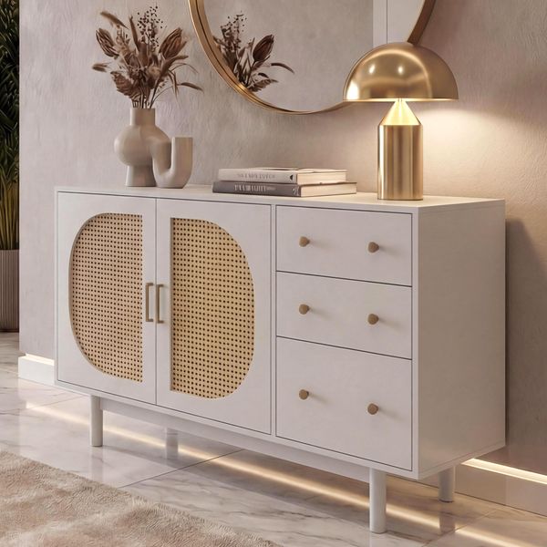 Sideboard HWC-P52, Schrank Kommode Highboard, Schubladen Staufächer, Poly-Rattan MDF Melamin 80x120x40cm ~ weiß