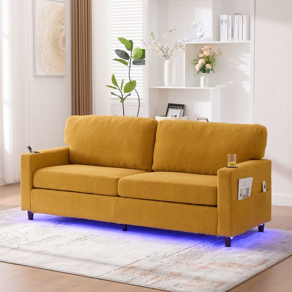 Zweisitzer-Sofa aus Chenille mit USB-C, LED & Getränkehaltern, 203x77,5x86 cm, Senfgelb