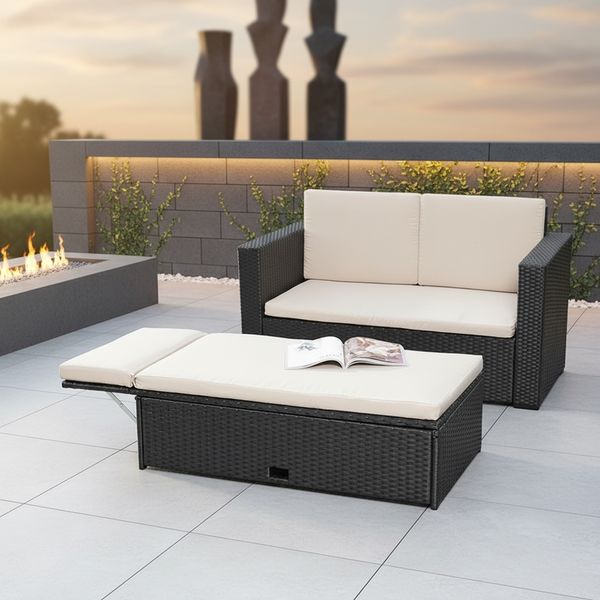 Polyrattan Gartensofa und klappbare Fußbank Lounge Sessel Gartenmöbel schwarz