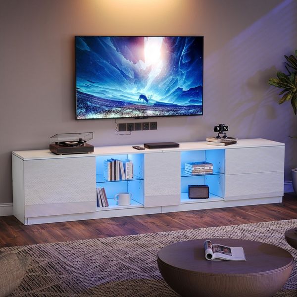 Merax TV-Schrank hochglanz TV-Schrank mit LED-Beleuchtung (1-St) Fernsehschrank Fernsehtisch mit 2 Schubladen & Glaselementen,B: 160cm