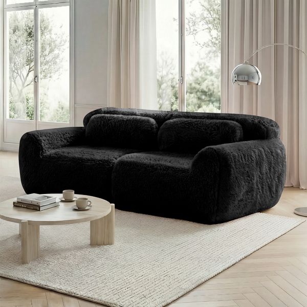 2-Sitzer Sofa H 73 x T 204 x B 104 cm aus Plüsch, rahmenlos und modular kombinierbar, Schwarz