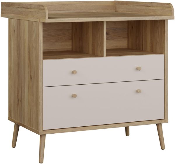 Forte WHENUA Wickelkommode 90, Mid-Century-Modern Kommode mit Wickelaufsatz, 2 Schubladen, offene Fächer, Holzwerkstoff, Mauvella Eiche Holzdekor/Beige, 89,8 cm breit x 94,4 cm hoch x 77 cm tief