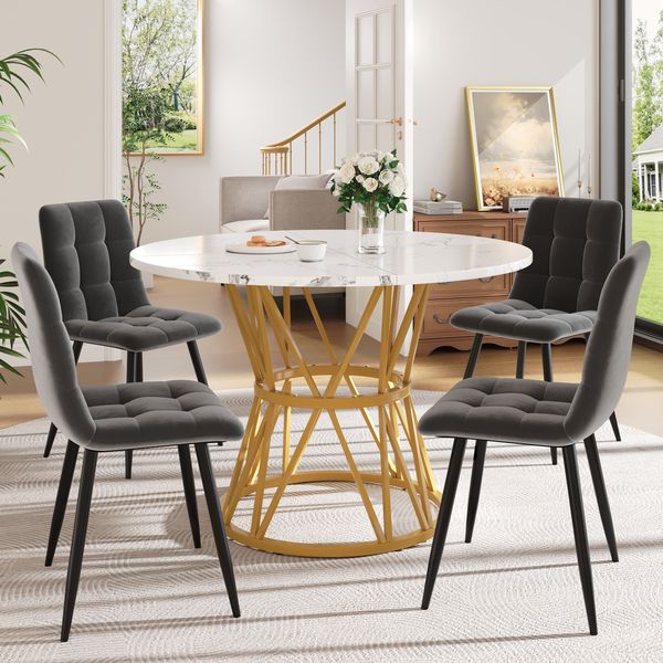 Esstisch-Set, 5-teiliges Küchen-Esstisch-Set mit 4 Stühlen rund Ø100cm Metallbeine MDF-Marmorplatte graue Samtstühle, MDF+Metall+Samt, Grau, Ø100cm