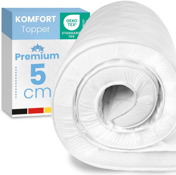 ELONEO, Topper 90x200, 140x200, 180x200 und weitere Größen, 5 cm hoch, Komfortschaum, für Hausstauballergiker, schadstoffgeprüft, mit waschbarem Bezug